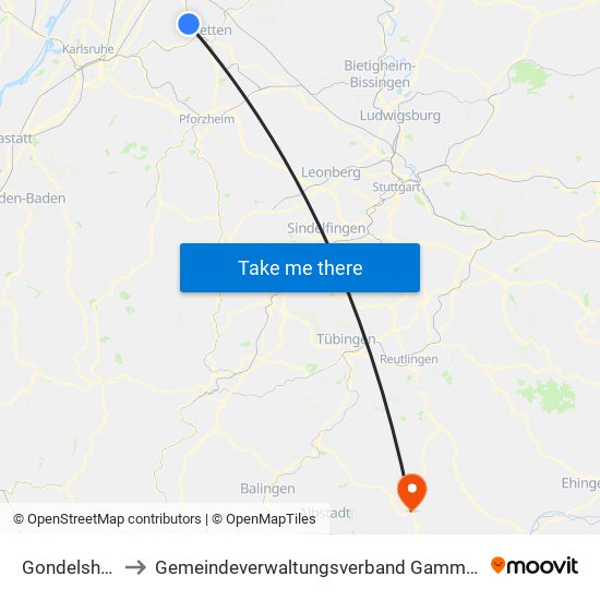 Gondelsheim to Gemeindeverwaltungsverband Gammertingen map