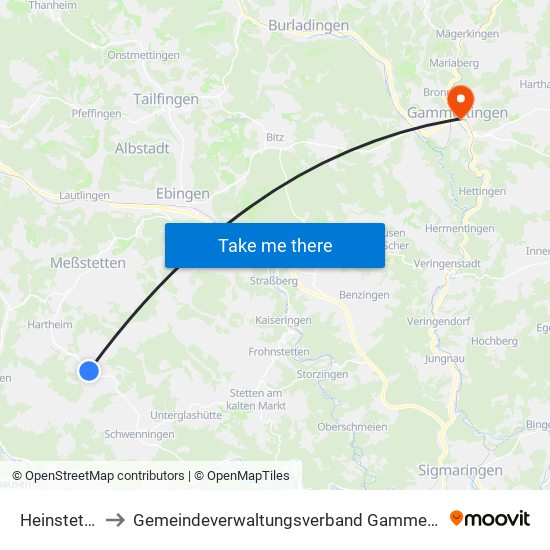 Heinstetten to Gemeindeverwaltungsverband Gammertingen map