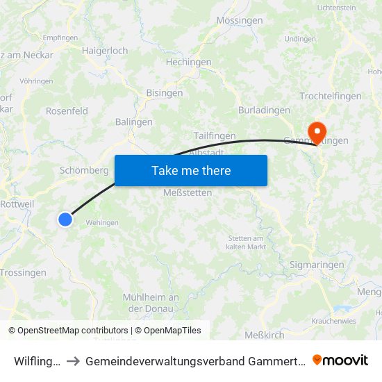 Wilflingen to Gemeindeverwaltungsverband Gammertingen map