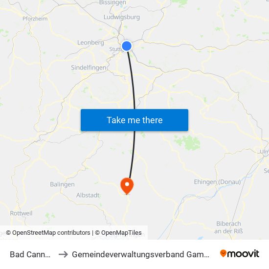 Bad Cannstatt to Gemeindeverwaltungsverband Gammertingen map