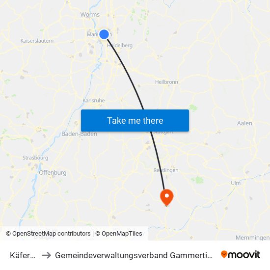 Käfertal to Gemeindeverwaltungsverband Gammertingen map