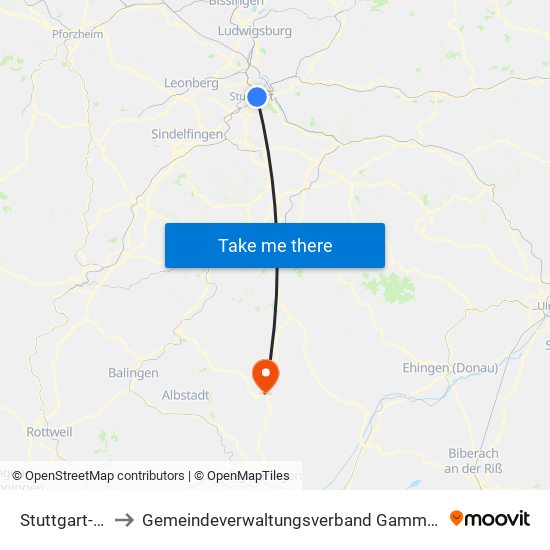 Stuttgart-Ost to Gemeindeverwaltungsverband Gammertingen map