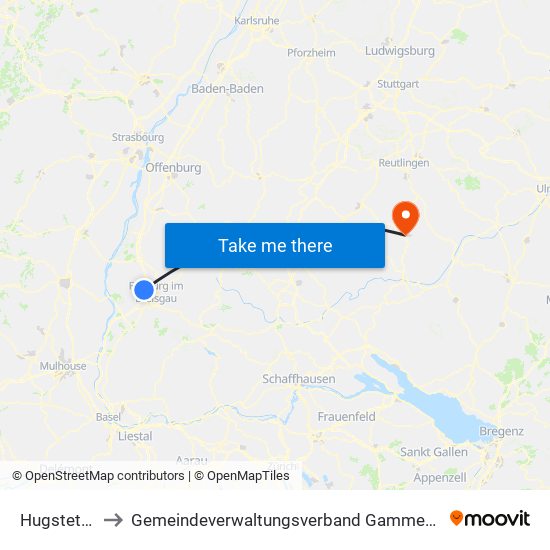 Hugstetten to Gemeindeverwaltungsverband Gammertingen map