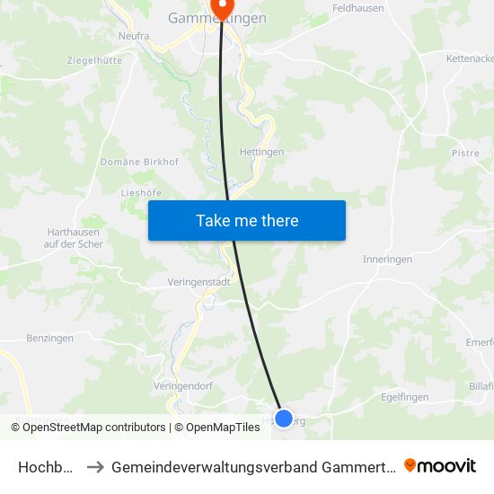 Hochberg to Gemeindeverwaltungsverband Gammertingen map