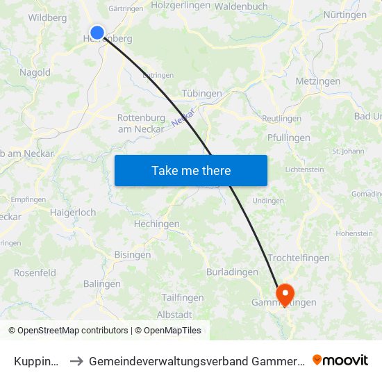 Kuppingen to Gemeindeverwaltungsverband Gammertingen map