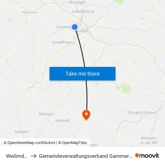 Weilimdorf to Gemeindeverwaltungsverband Gammertingen map