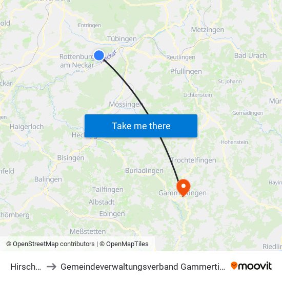 Hirschau to Gemeindeverwaltungsverband Gammertingen map