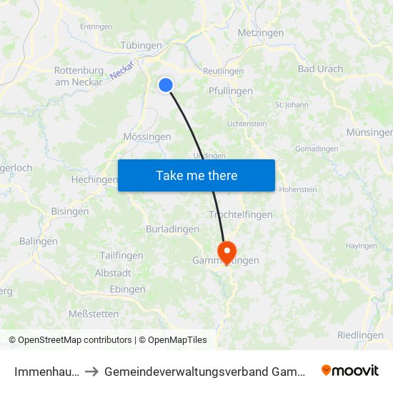 Immenhausen to Gemeindeverwaltungsverband Gammertingen map