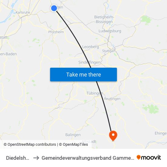 Diedelsheim to Gemeindeverwaltungsverband Gammertingen map