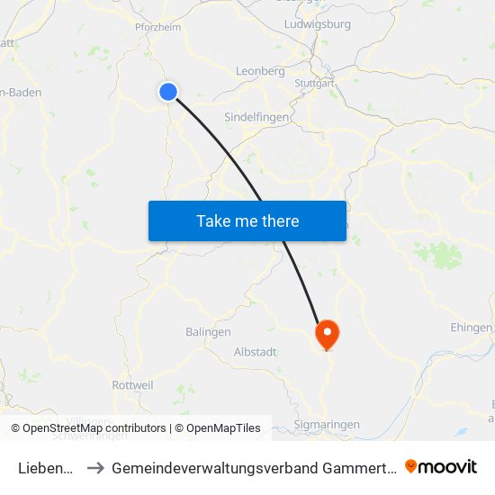 Liebenzell to Gemeindeverwaltungsverband Gammertingen map