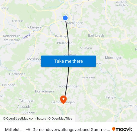 Mittelstadt to Gemeindeverwaltungsverband Gammertingen map