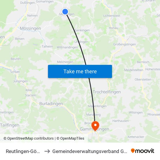 Reutlingen-Gönningen to Gemeindeverwaltungsverband Gammertingen map