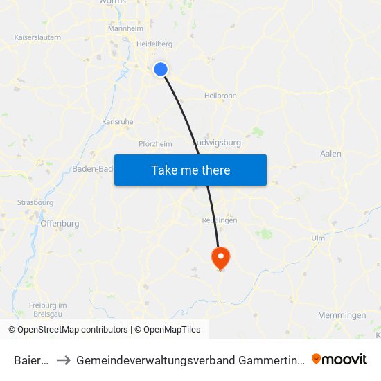 Baiertal to Gemeindeverwaltungsverband Gammertingen map