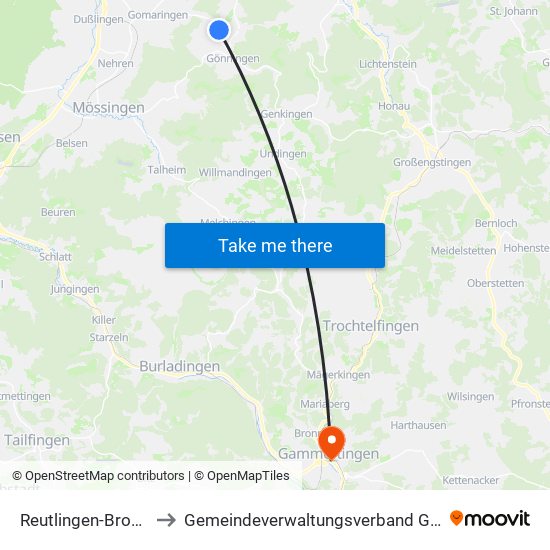 Reutlingen-Bronnweiler to Gemeindeverwaltungsverband Gammertingen map