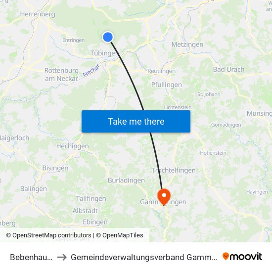 Bebenhausen to Gemeindeverwaltungsverband Gammertingen map