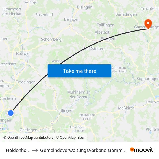 Heidenhofen to Gemeindeverwaltungsverband Gammertingen map