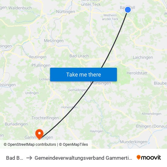 Bad Boll to Gemeindeverwaltungsverband Gammertingen map