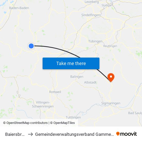 Baiersbronn to Gemeindeverwaltungsverband Gammertingen map