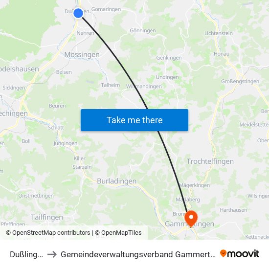 Dußlingen to Gemeindeverwaltungsverband Gammertingen map