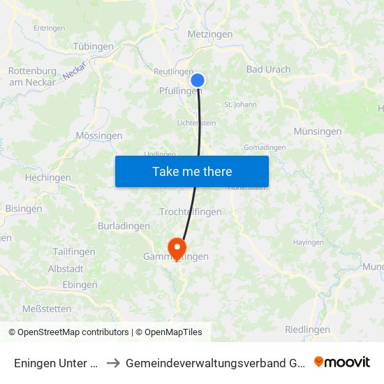 Eningen Unter Achalm to Gemeindeverwaltungsverband Gammertingen map