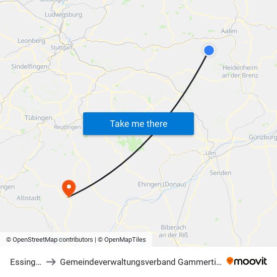 Essingen to Gemeindeverwaltungsverband Gammertingen map