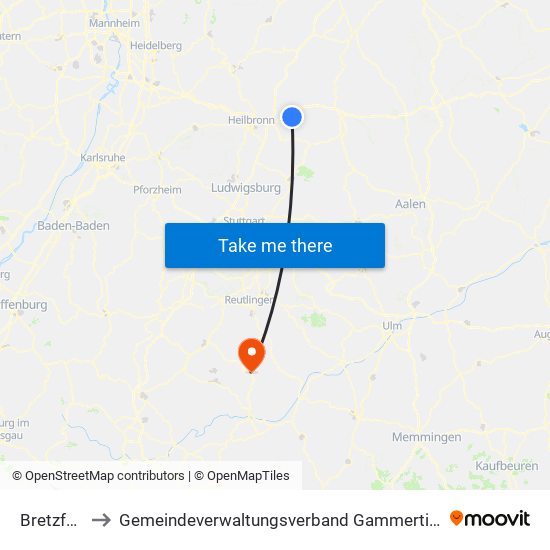 Bretzfeld to Gemeindeverwaltungsverband Gammertingen map