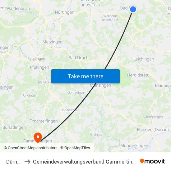 Dürnau to Gemeindeverwaltungsverband Gammertingen map