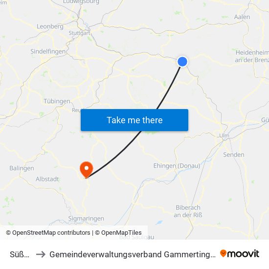 Süßen to Gemeindeverwaltungsverband Gammertingen map