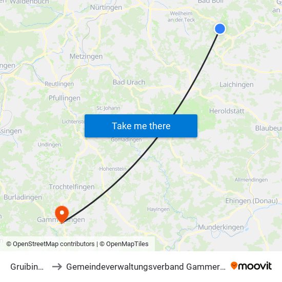Gruibingen to Gemeindeverwaltungsverband Gammertingen map