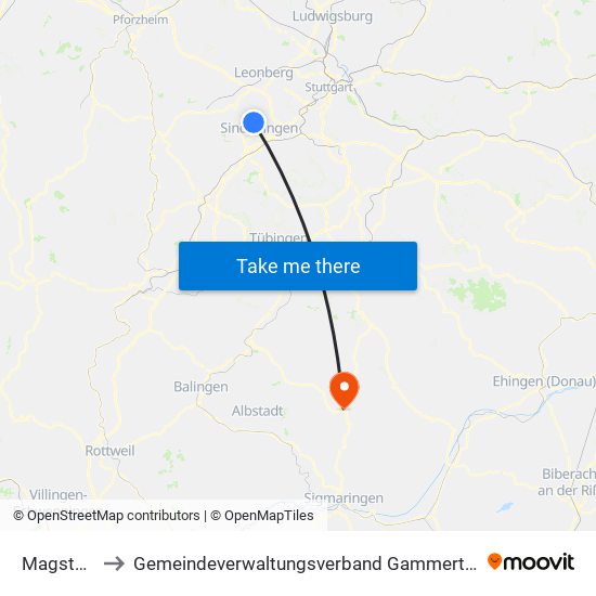 Magstadt to Gemeindeverwaltungsverband Gammertingen map