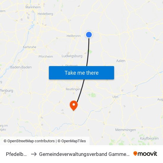 Pfedelbach to Gemeindeverwaltungsverband Gammertingen map