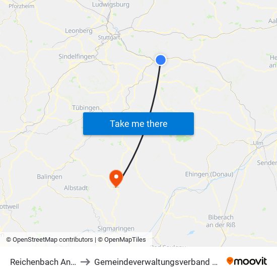 Reichenbach An Der Fils to Gemeindeverwaltungsverband Gammertingen map