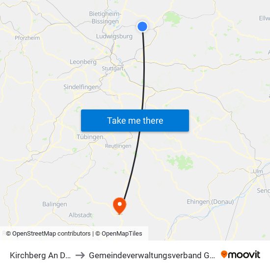 Kirchberg An Der Murr to Gemeindeverwaltungsverband Gammertingen map