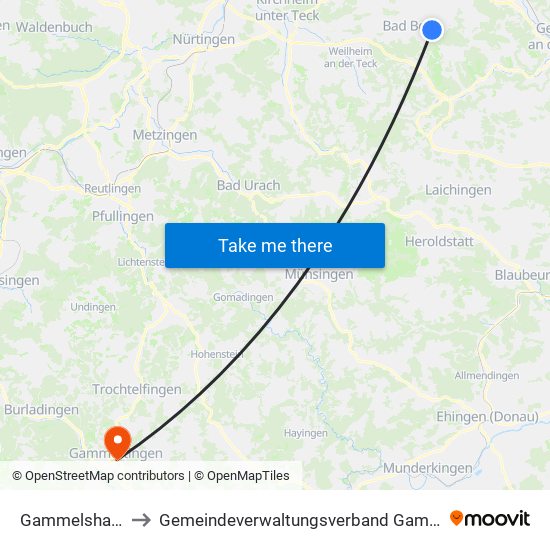 Gammelshausen to Gemeindeverwaltungsverband Gammertingen map