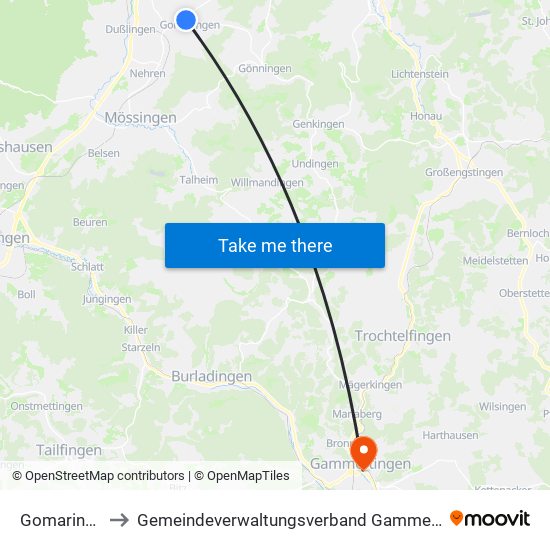 Gomaringen to Gemeindeverwaltungsverband Gammertingen map