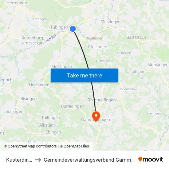 Kusterdingen to Gemeindeverwaltungsverband Gammertingen map