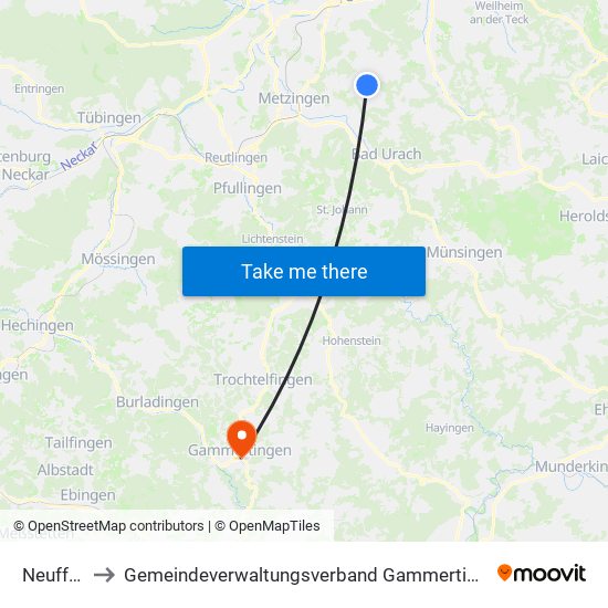 Neuffen to Gemeindeverwaltungsverband Gammertingen map