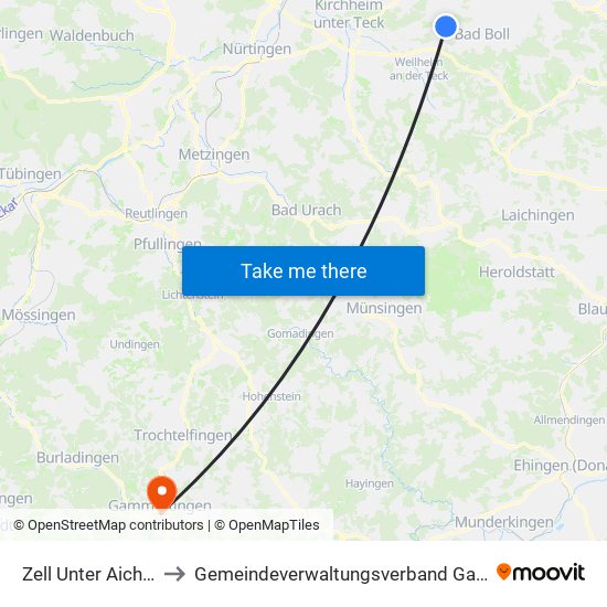 Zell Unter Aichelberg to Gemeindeverwaltungsverband Gammertingen map