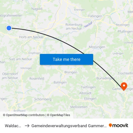 Waldachtal to Gemeindeverwaltungsverband Gammertingen map