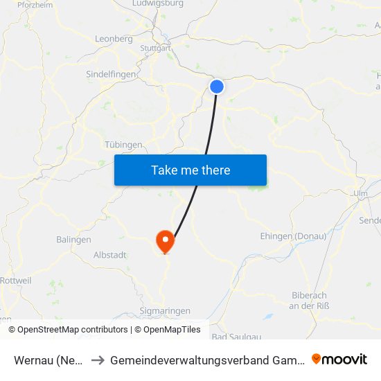 Wernau (Neckar) to Gemeindeverwaltungsverband Gammertingen map