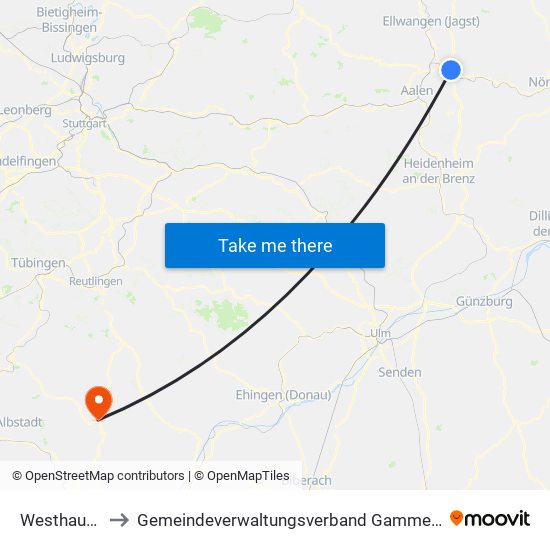 Westhausen to Gemeindeverwaltungsverband Gammertingen map