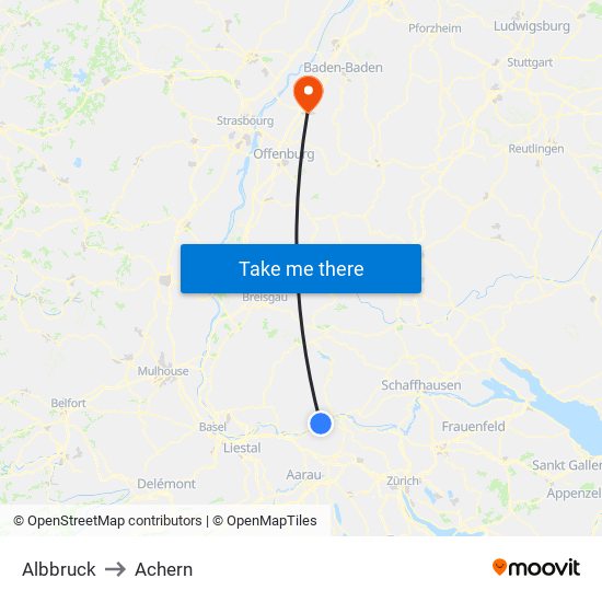 Albbruck to Achern map