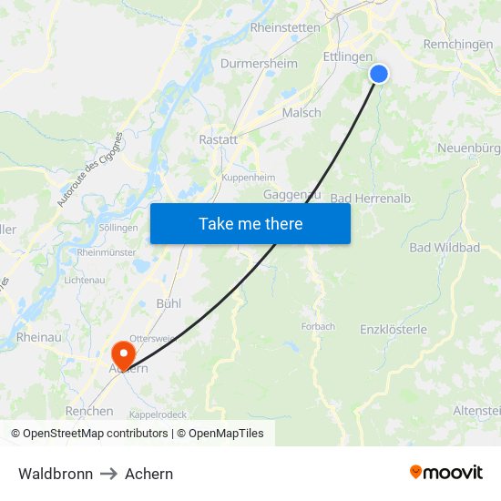 Waldbronn to Achern map