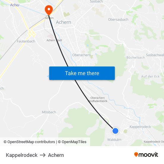 Kappelrodeck to Achern map