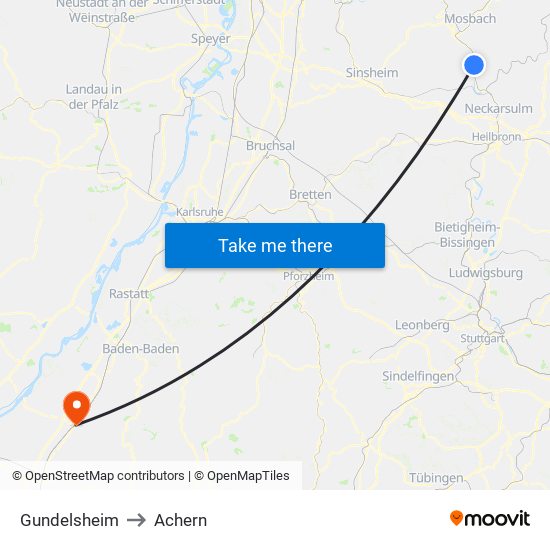 Gundelsheim to Achern map