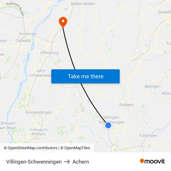 Villingen-Schwenningen to Achern map