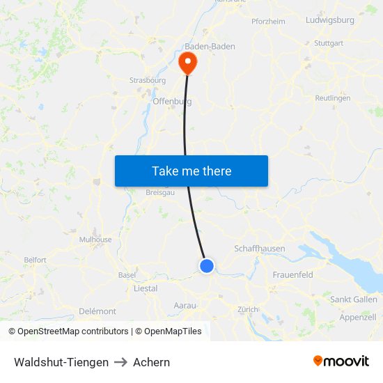 Waldshut-Tiengen to Achern map