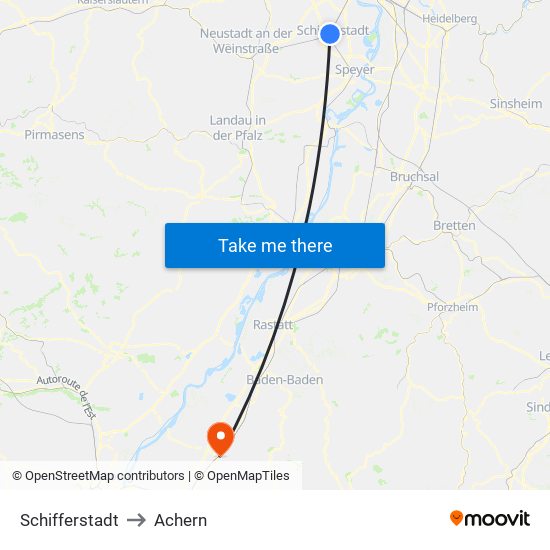 Schifferstadt to Achern map