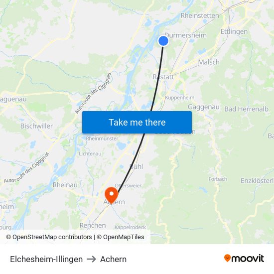 Elchesheim-Illingen to Achern map