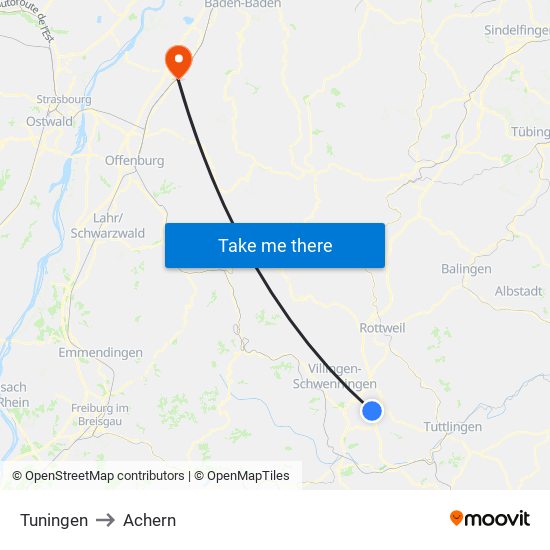 Tuningen to Achern map